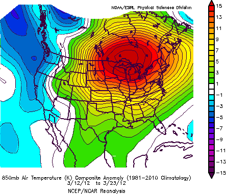 US 850mb temperature anomalies - March 2012