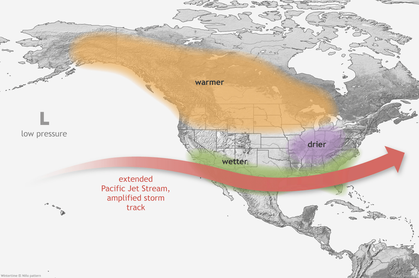 Typical wintertime El Niño pattern. (Credit: climate.gov)