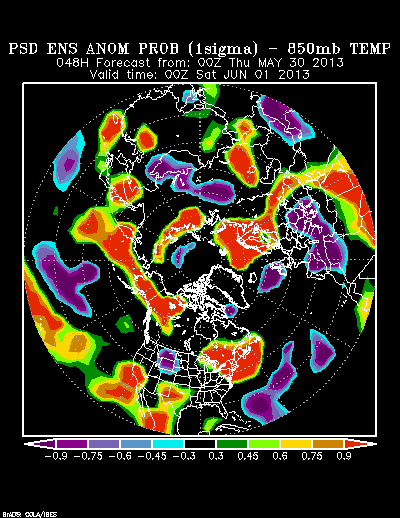 NCEP Ensemble 850 mb Temperature Anomaly Probability forecast chart