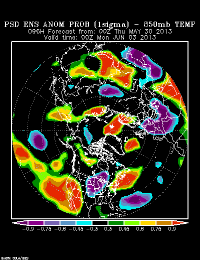 NCEP Ensemble 850 mb Temperature Anomaly Probability forecast chart