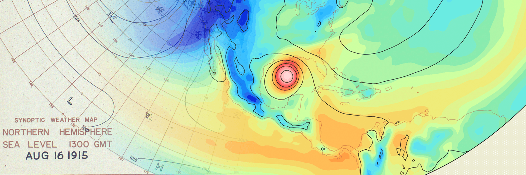 Old weather map overlaid with a 20CR reconstruction of sea level pressure and precipitable water