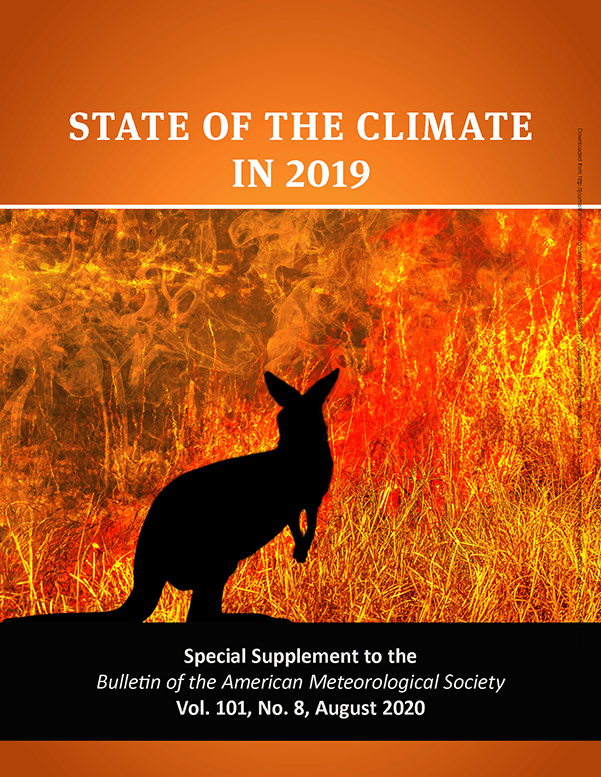 State of the Climate 2019 report cover, which includes a photo of a kangaroo watching an Australian bushfire