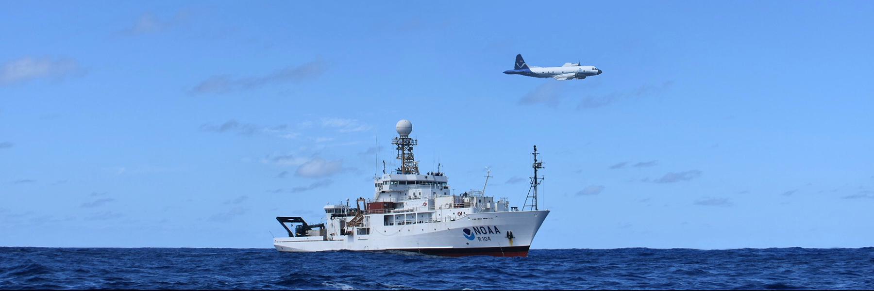 The NOAA P-3 aircraft flies over the NOAA ship Ronald H. Brown during ATOMIC