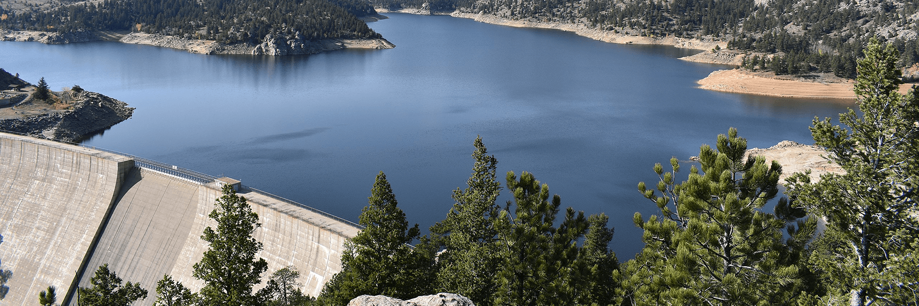 An aerial view of Gross Reservoir in Boulder County, CO