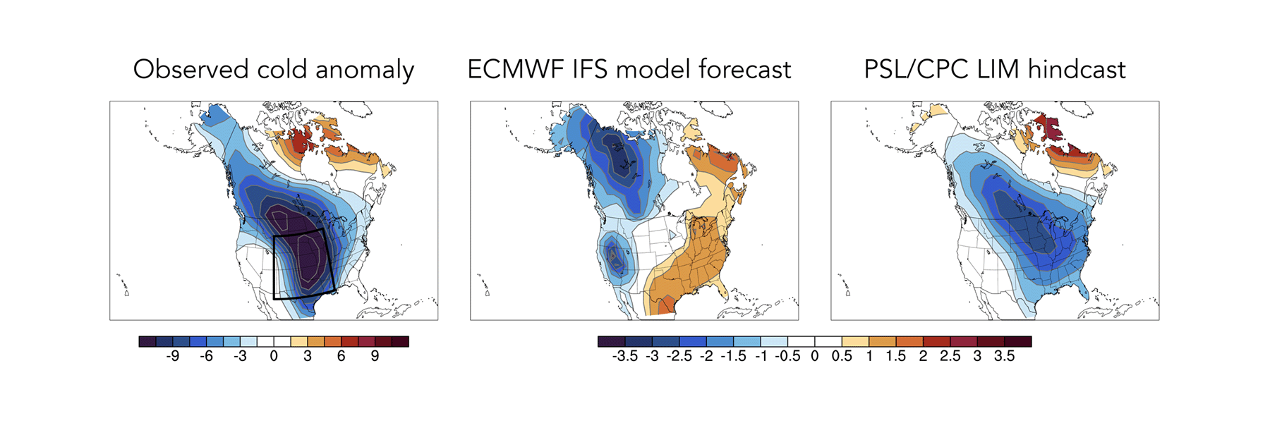 Temperature anomaly maps comparing observations, the European Center for Medium Range Weather Forecasting IFS model forecast, and the LIM reforecast