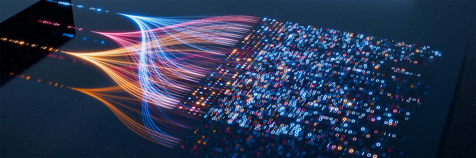 Brightly colored lines converge into brightly colored binary code