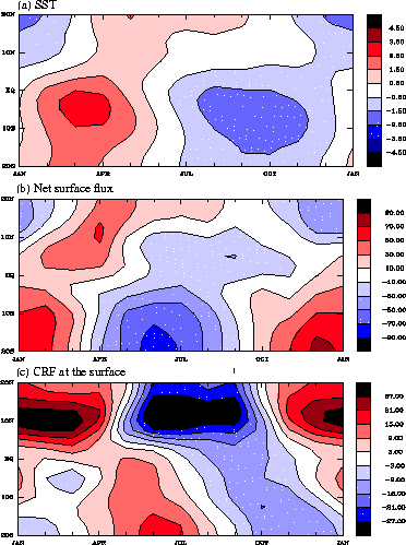 Annual cycle of SST, net surface flux, and cloud radiative forcing