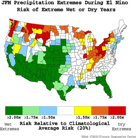 Increased risks of precipitation extremes for Jan.-Mar. La Niña conditions