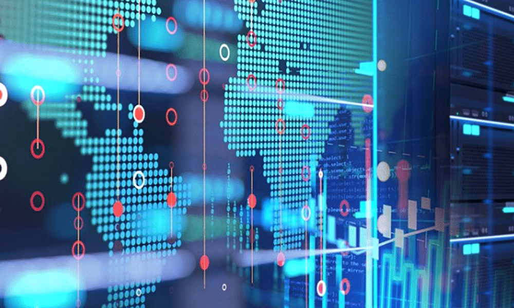 Corridor of a server room and 3d-illustration with node-base programming